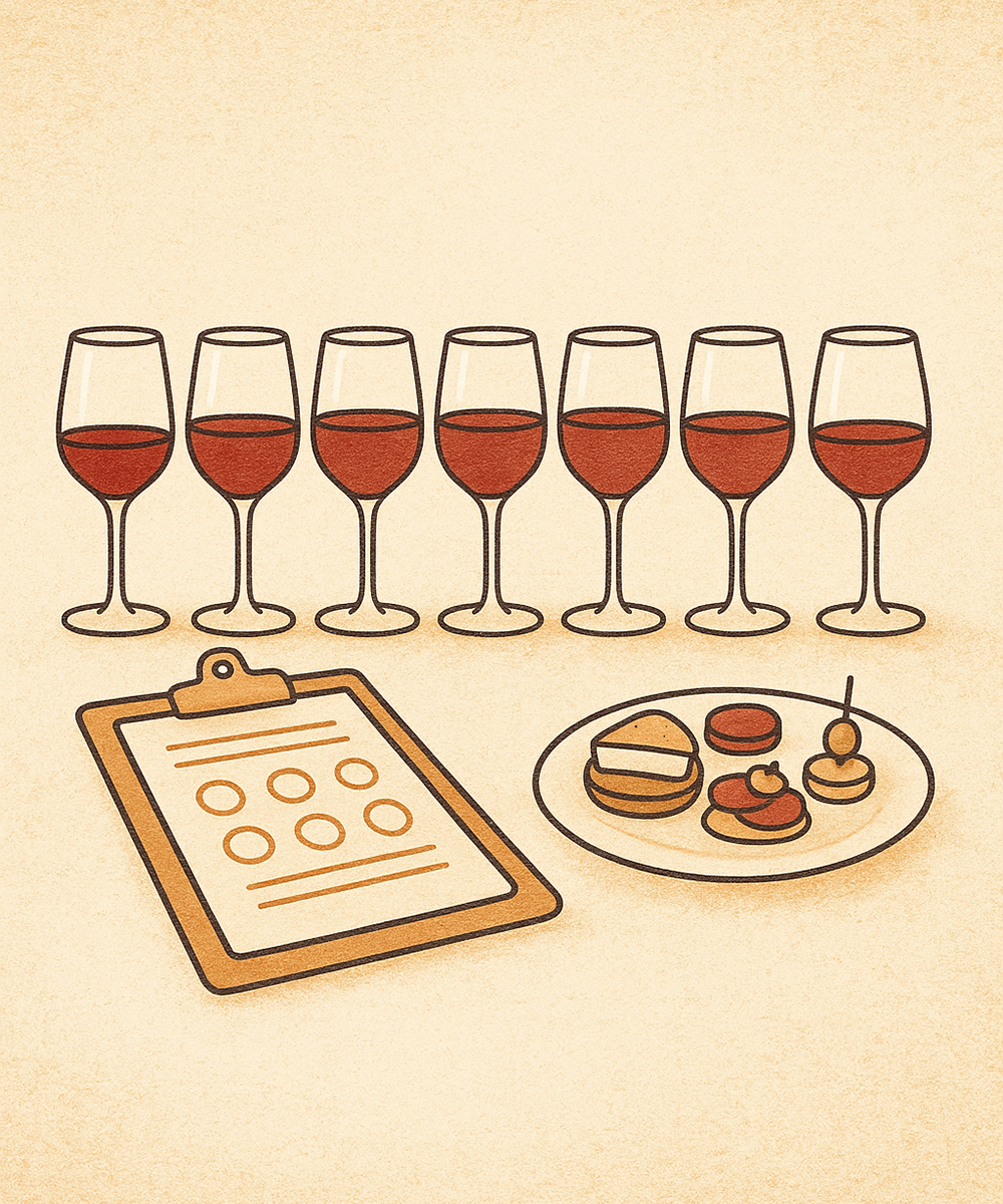 Illustration of wine glasses with red wine and a plate of snacks on a beige background